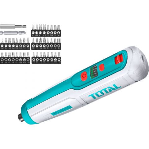 Total Mini avvitatore a batteria, 4 V, ricarica USB, con set di bit TOTALE Total Mini avvitatore a batteria, 4 V, ricarica USB, con set di bit TOTALE