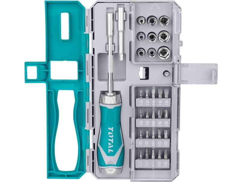Total Cacciavite a cricchetto con dadi e punte, set di 33 pezzi, industriale Total Cacciavite a cricchetto con dadi e punte, set di 33 pezzi, industriale