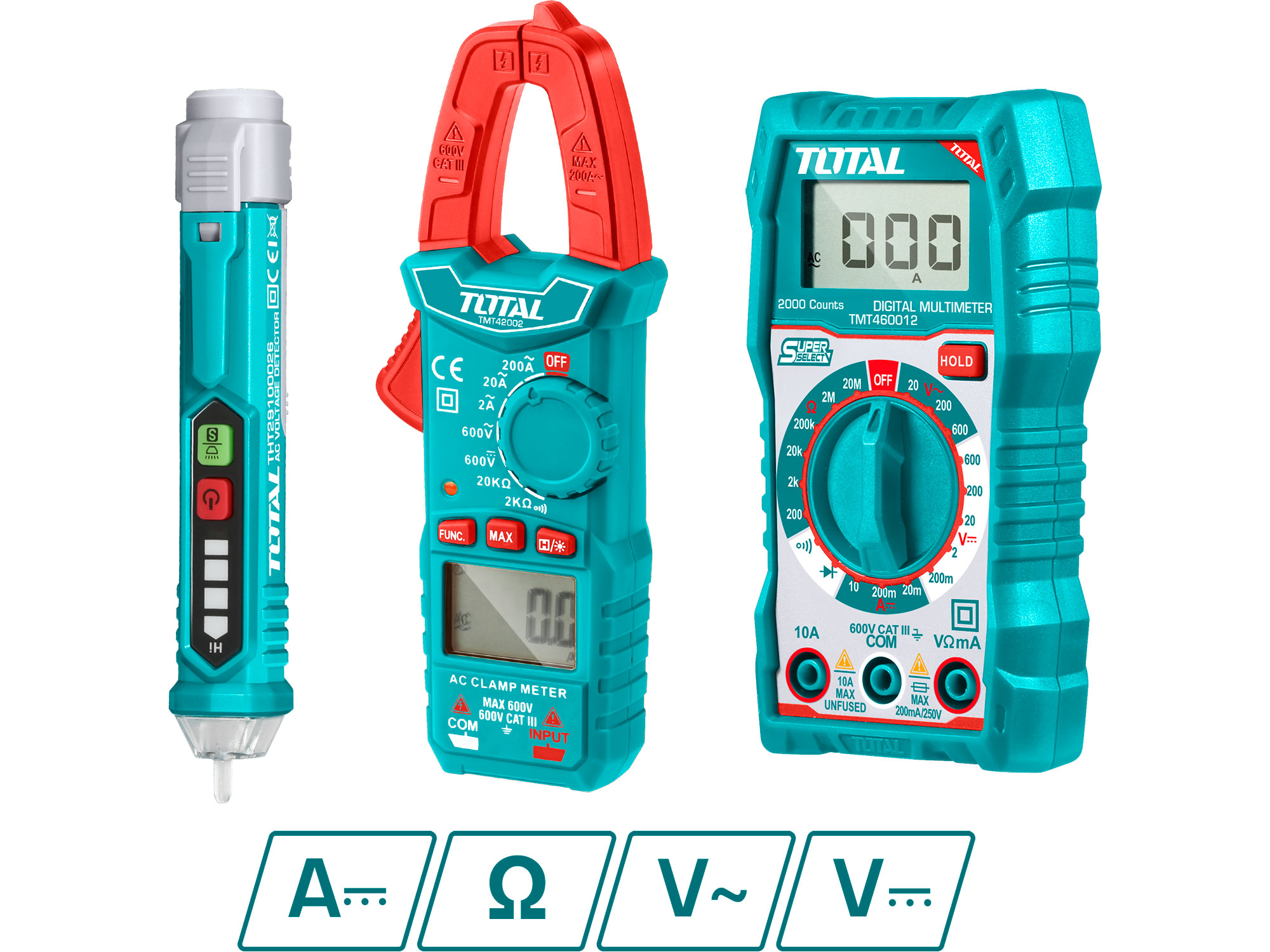 Set composto da multimetro digitale, multimetro a pinza e tester di tensione CA, Total Set composto da multimetro digitale, multimetro a pinza e tester di tensione CA, Total